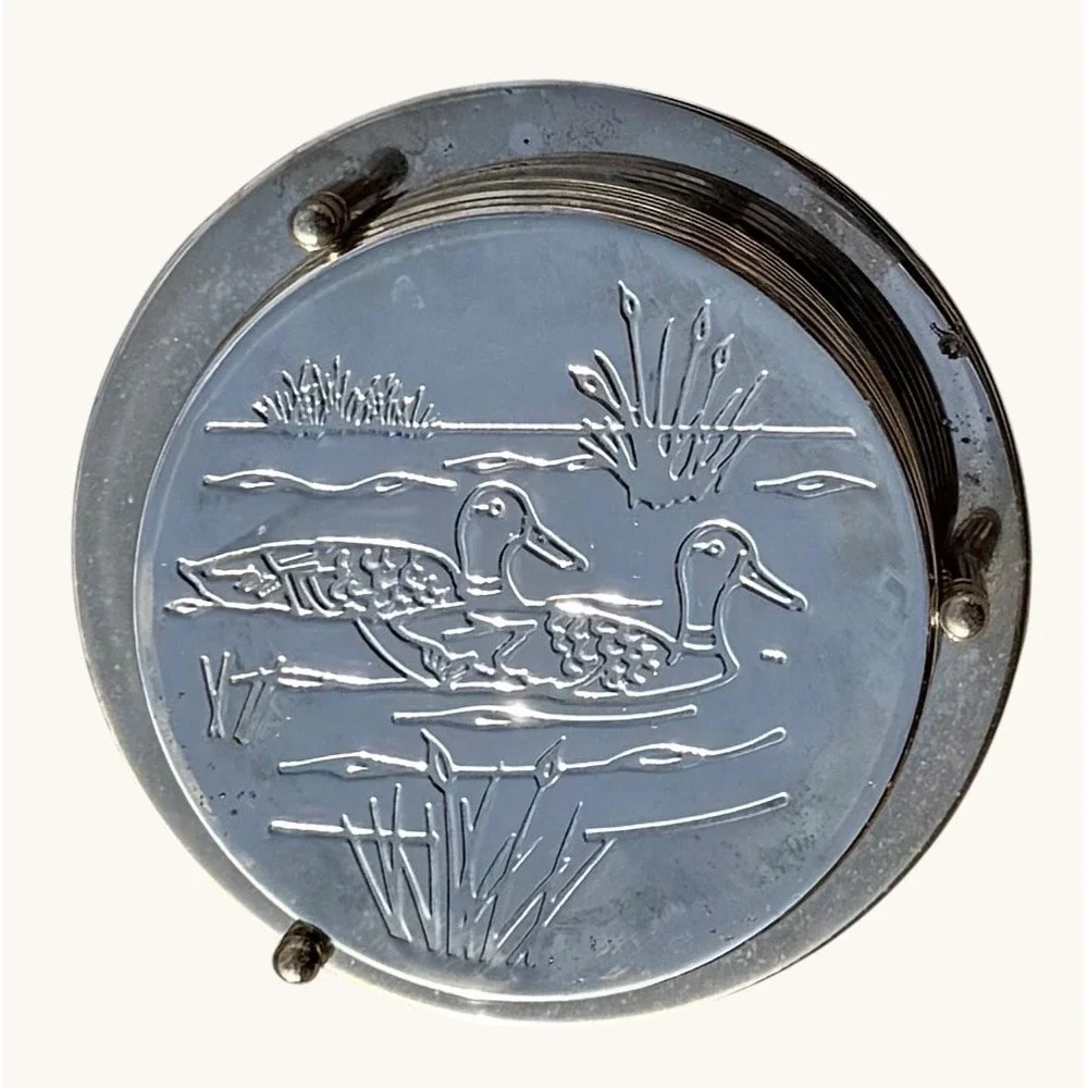 Vintage Duck Coasters Set of 6 with Holder Silver Plated